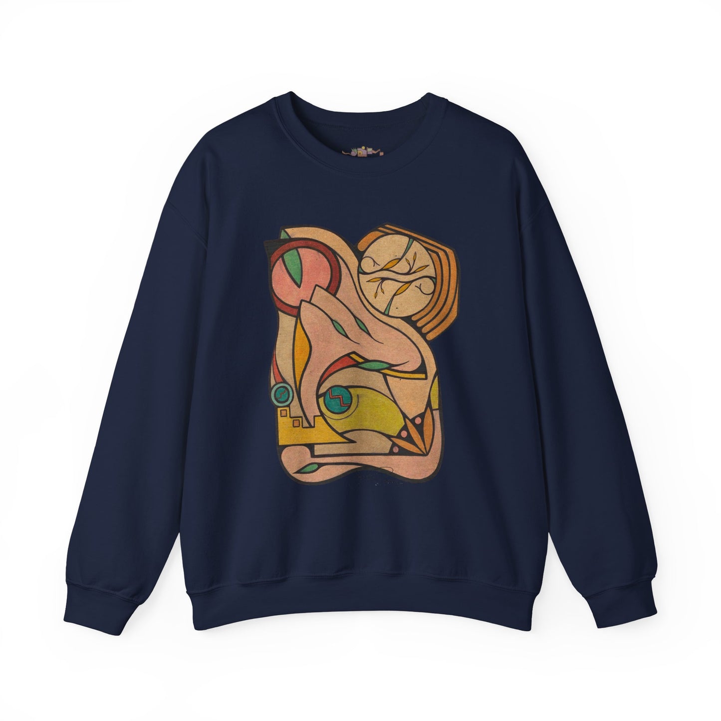 Navy blue sweatshirt with a colorful abstract design