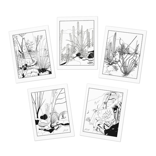 Five black and white desert landscape art prints representing Sabino Canyon in Tucson, AZ, with white borders, arranged on a plain white background.  Cards are blank inside.