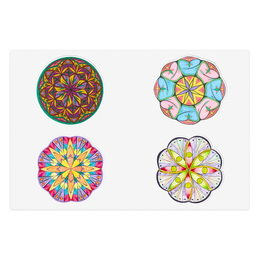 Waterproof Vinyl Stickers featuring four colorful circular mandala designs arranged in a 2x2 grid on a white background.  Three variations available.