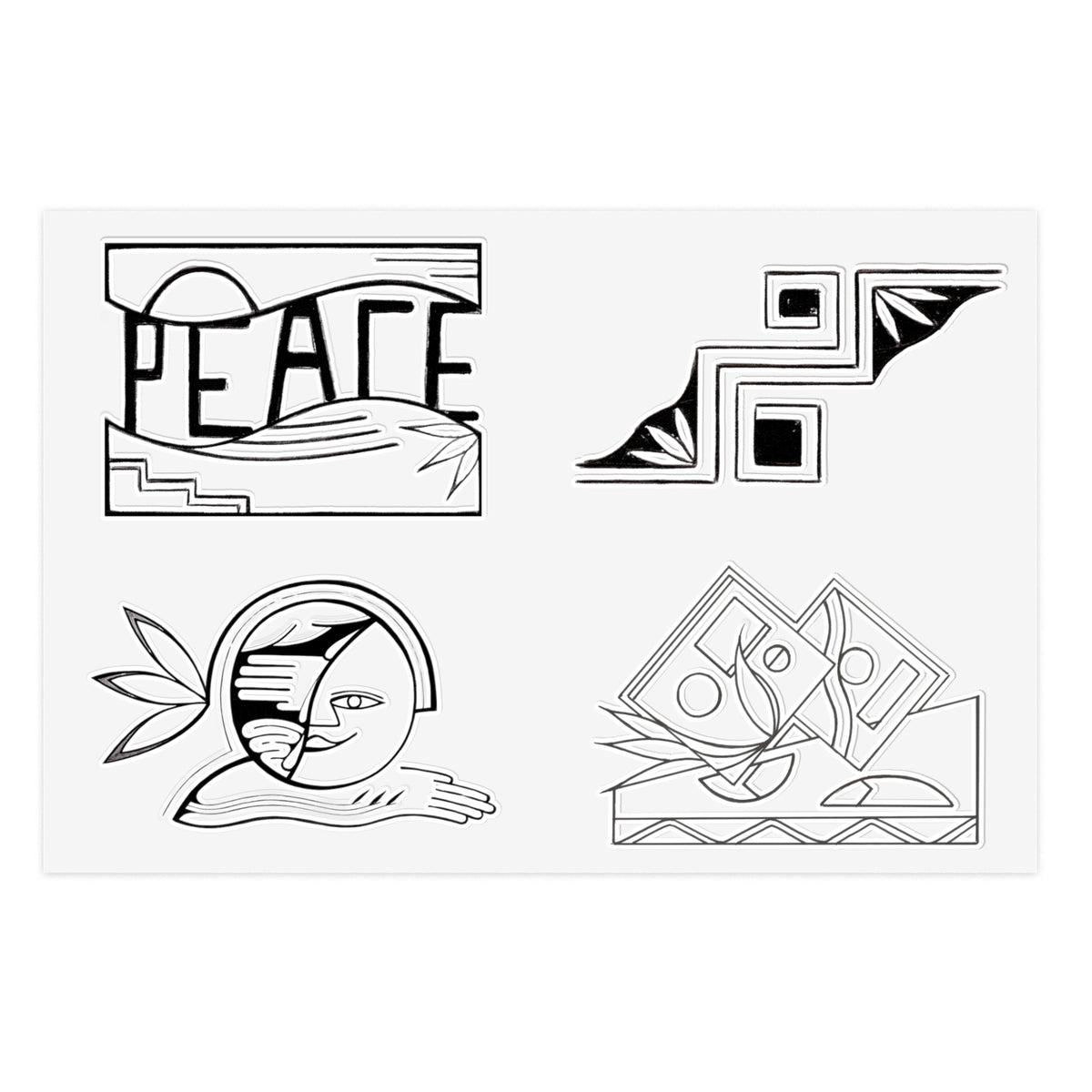 Waterproof Vinyl Sticker sheets, featuring four black-and-white abstract geometric and symbolic illustrations arranged in a 2x2 grid, including the word 'PEACE' in a stylized block design, angular line art, a crescent face with leaf-like extensions, and overlapping diamond shapes.  Three variations available.