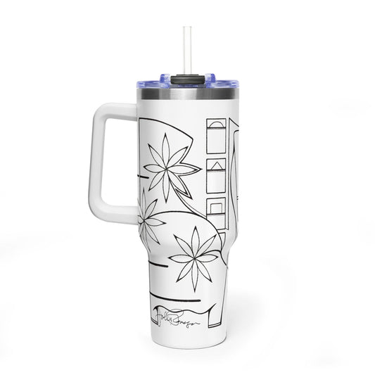 White tumbler with black floral design on a white background