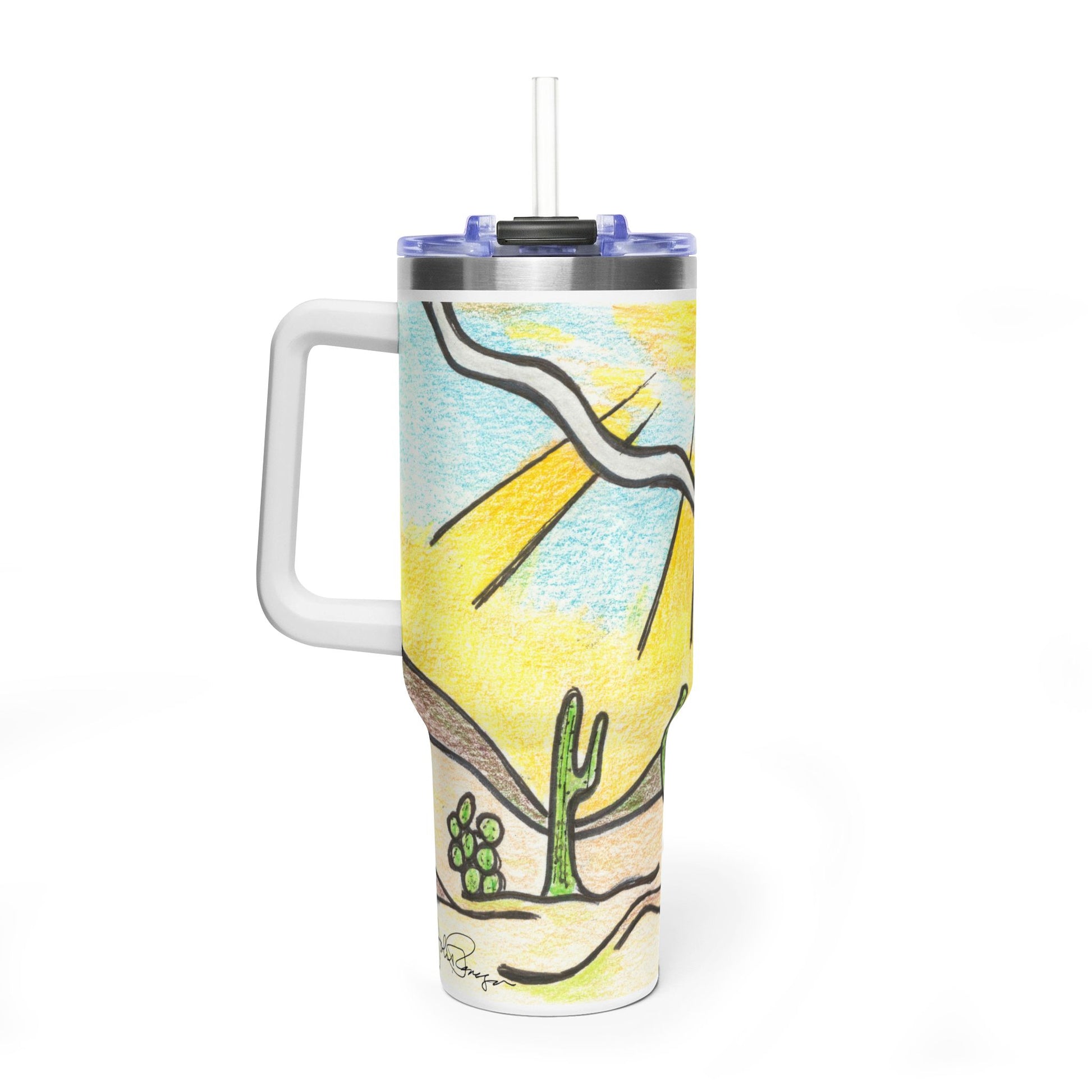 Tumbler with a Sonoran desert scene featuring the Saguaro cactus on a white background