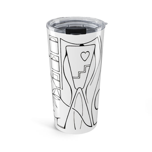 Clear tumbler with black abstract design on a white background