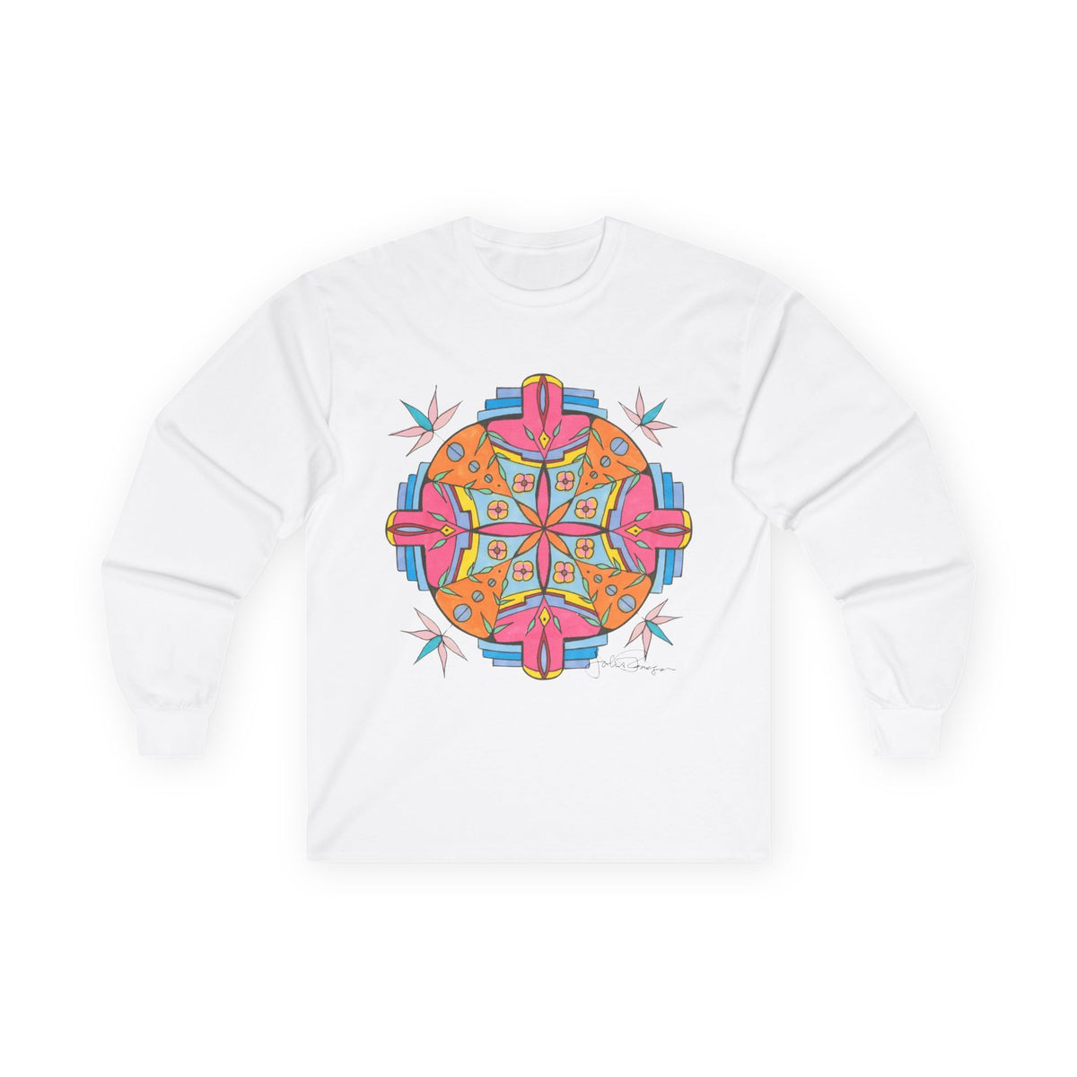 A white long-sleeve crewneck t-shirt featuring a colorful, symmetrical mandala graphic printed on the chest. The graphic contains pink, orange, yellow, and blue geometric and floral elements.  Shirt available in different colors.