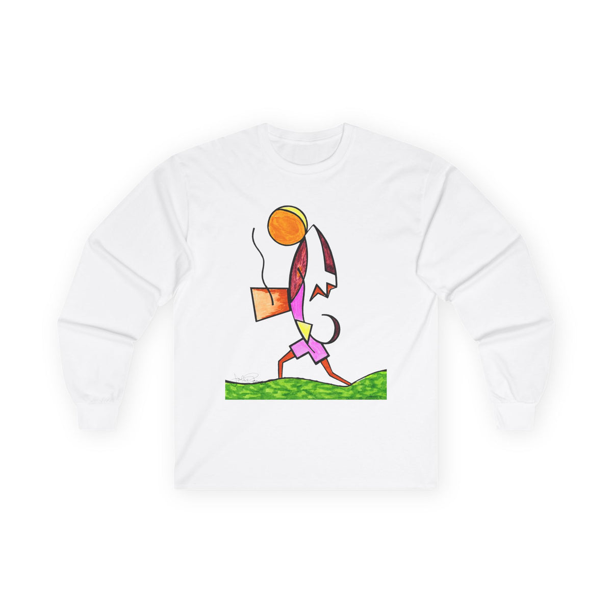 A white long-sleeve crewneck t-shirt featuring a colorful graphic print of a stylized stick-figure-like character on a green grassy line, displayed against a solid white background.  Shirt available in different colors.