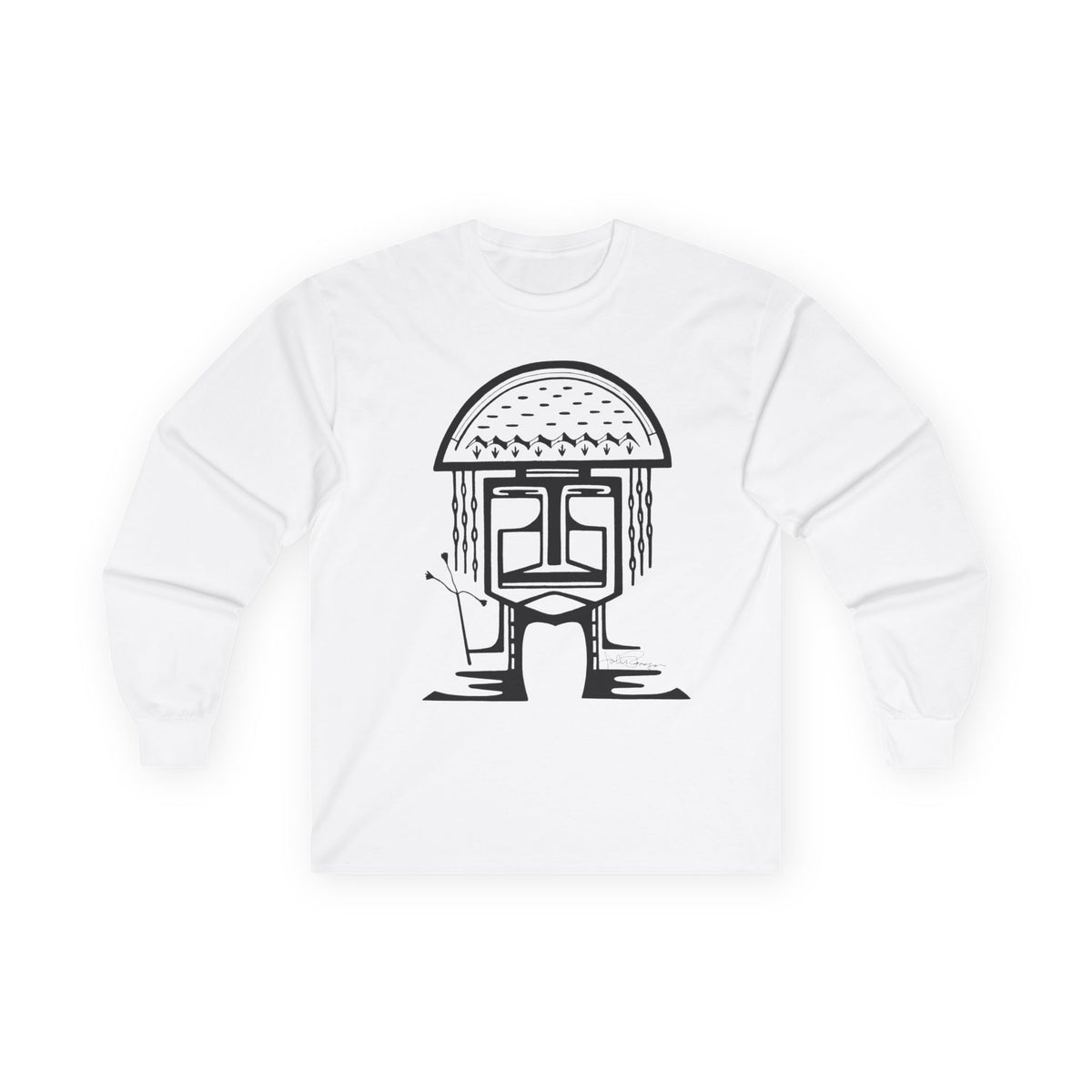 A white long-sleeve crewneck t-shirt featuring a black line art graphic of a stylized mushroom person on the chest.  Shirt Available in different colors.