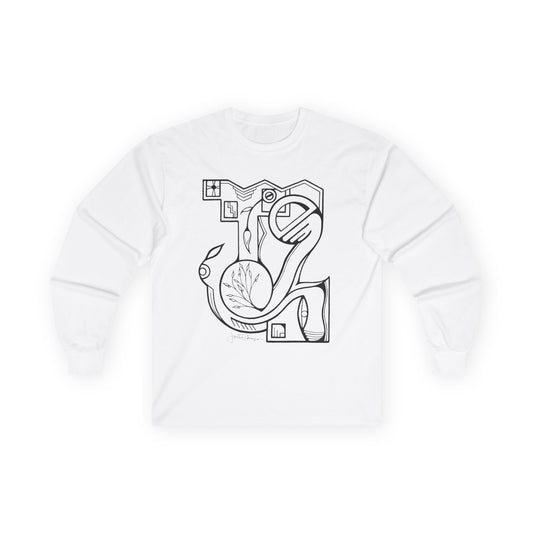 A white long-sleeve t-shirt with a black line art graphic on the chest, displayed on a clean white background.  Shirt available in different colors.