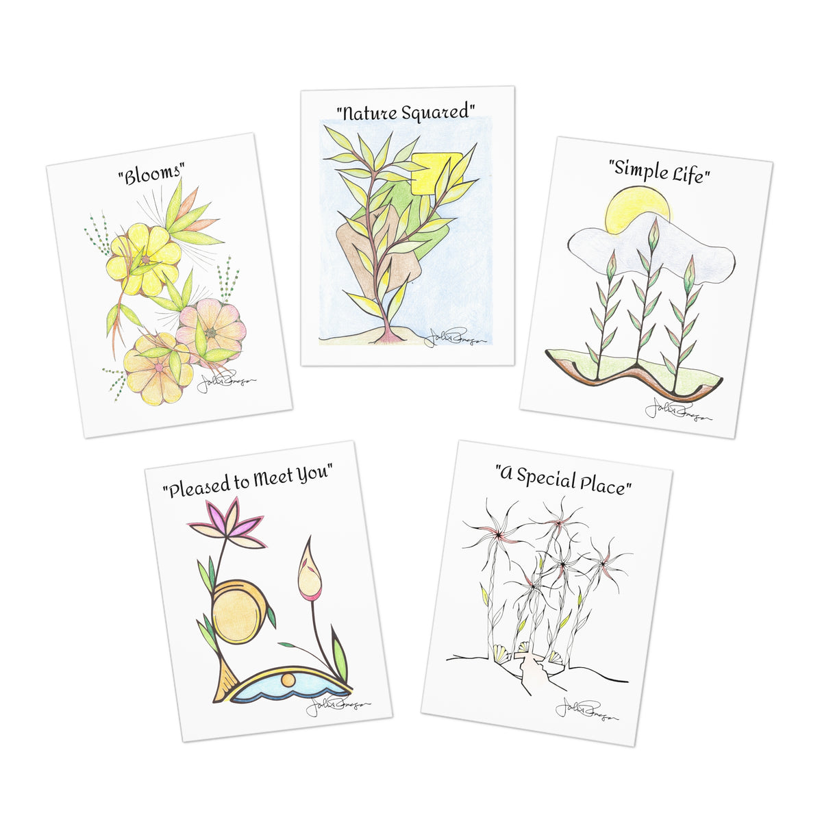 Set of five illustrated cards with nature-themed designs on a white background