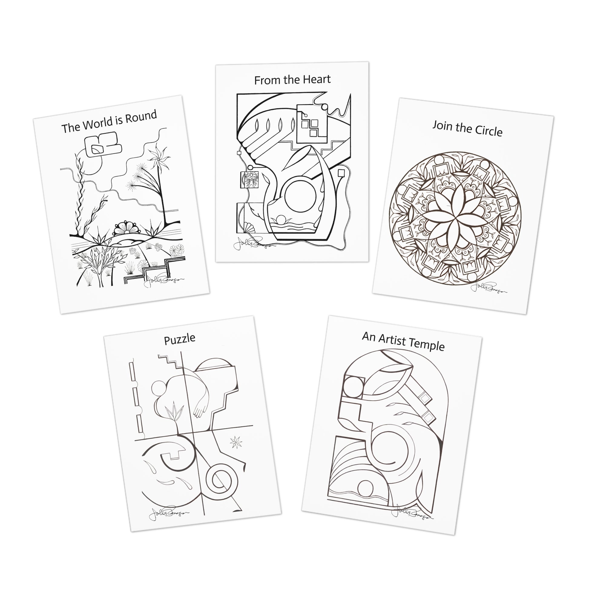 Set of five black and white hand drawn note cards with various designs on a white background.