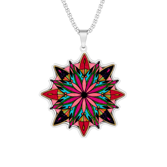 A silver chain necklace with a star-shaped pendant featuring a vibrant, multicolored geometric mandala pattern on a plain white background.  Also available in Stainless Steel and Gold.