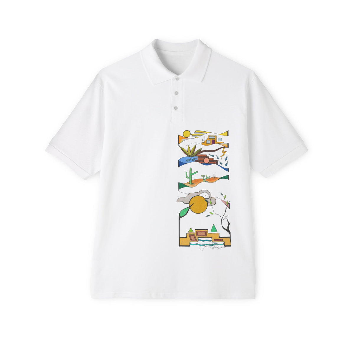 A white short-sleeve polo shirt with a vertical graphic print on the chest featuring abstract illustrations in yellow, blue, green, and orange. This represents the daily walk of the artist through Sabino Canyon in Tucson, AZ.