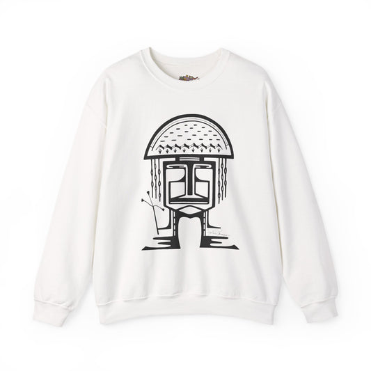 An off-white crewneck sweatshirt featuring a black graphic print of a stylized mushroom person on the front.  Sweatshirts available in different colors.