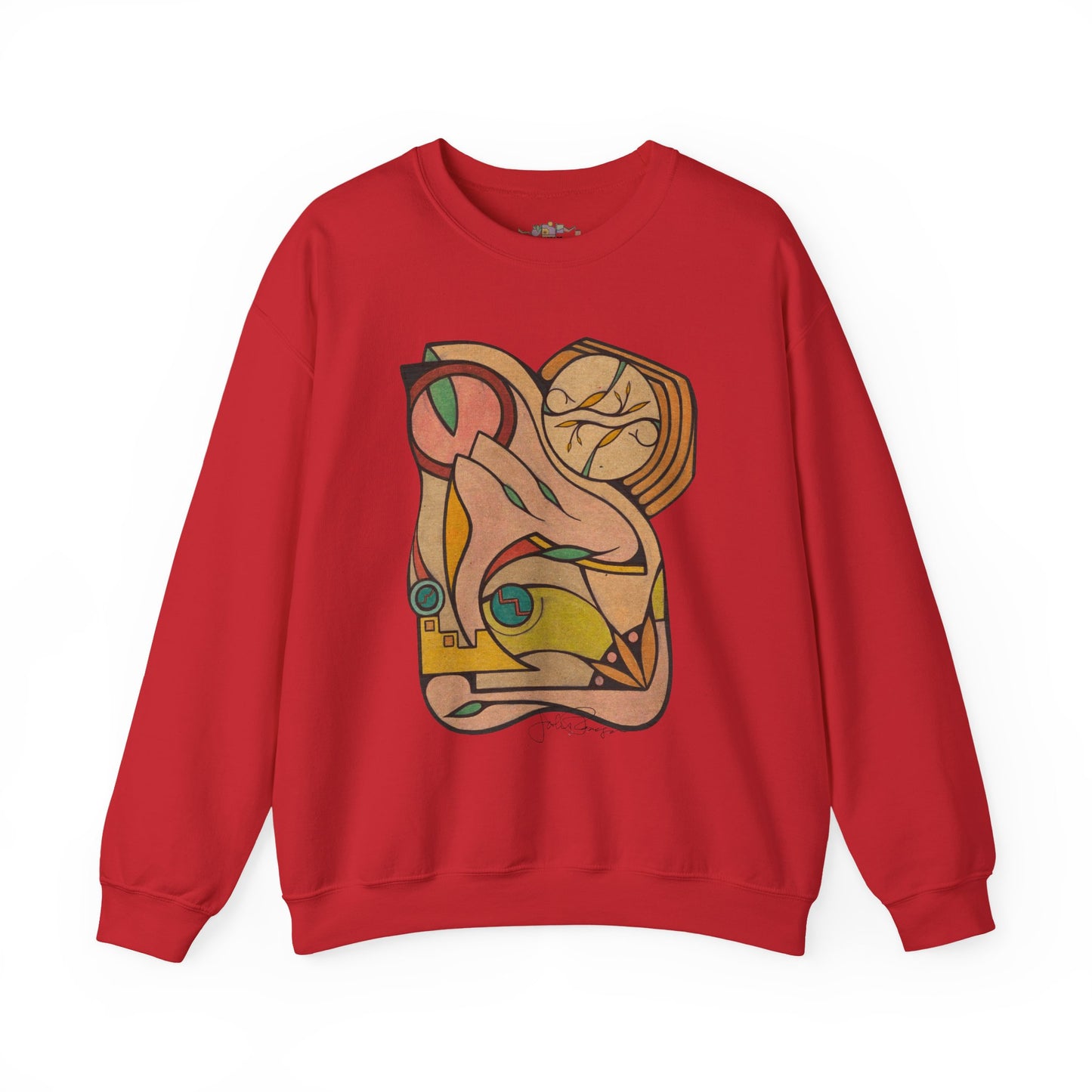 Red sweatshirt with abstract design