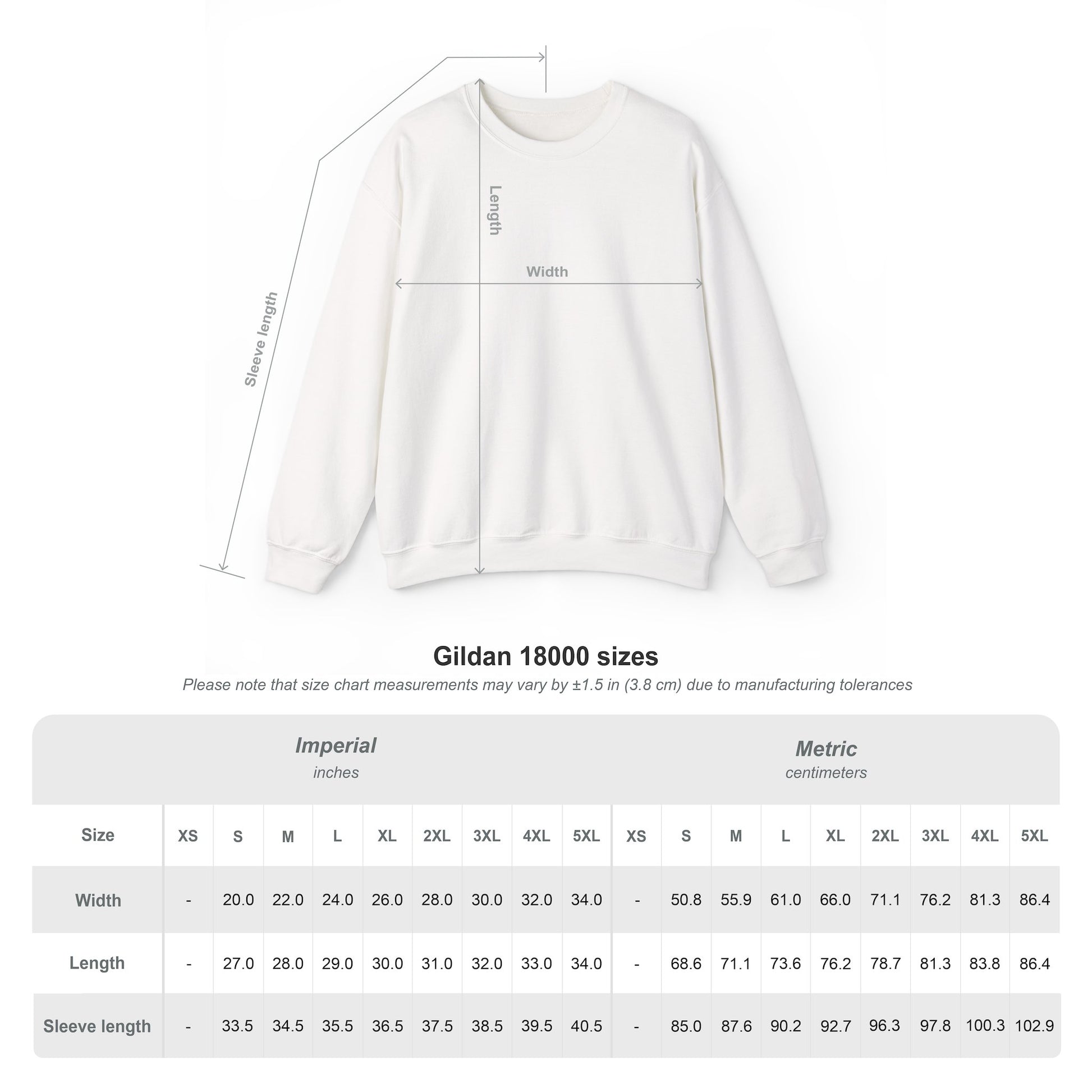 Sweatshirt with measurement chart