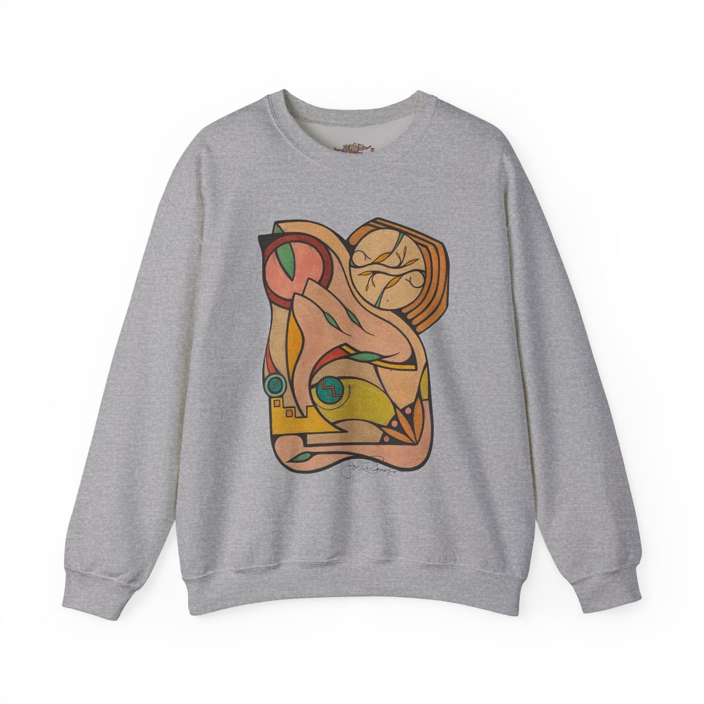 Gray sweatshirt with a colorful abstract design