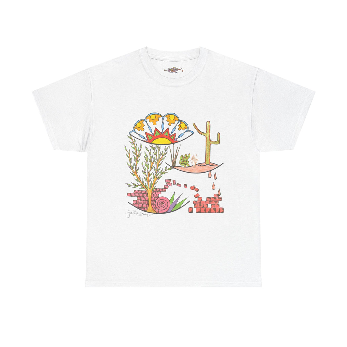 A white short-sleeve crewneck t-shirt featuring a colorful graphic print on the front with a stylized desert scene including a cactus, flowers, and a tree.  Shirt is available in different colors.