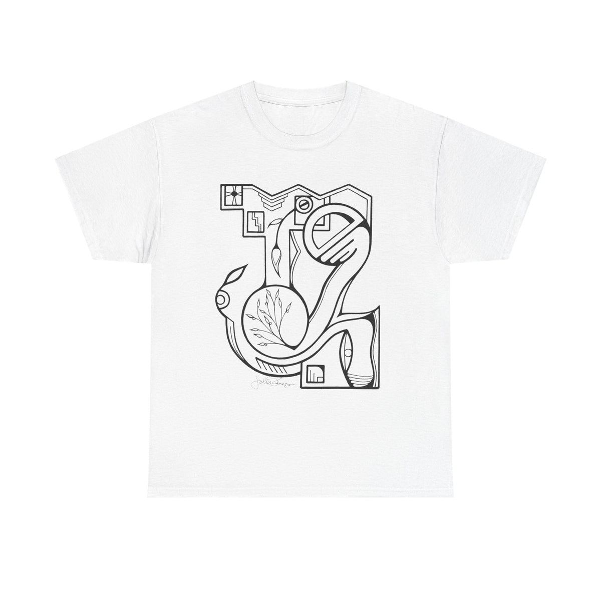 A white short-sleeve crewneck t-shirt featuring a black line art graphic on the front, displayed against a solid white background.  Shirt available in different colors.