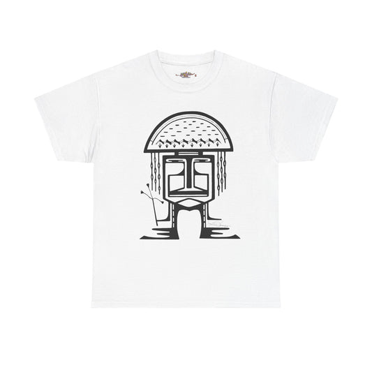 A white short-sleeve crewneck t-shirt featuring a black graphic print of a stylized mushroom person with a face and rain-like drips.  Shirt Available in different colors.