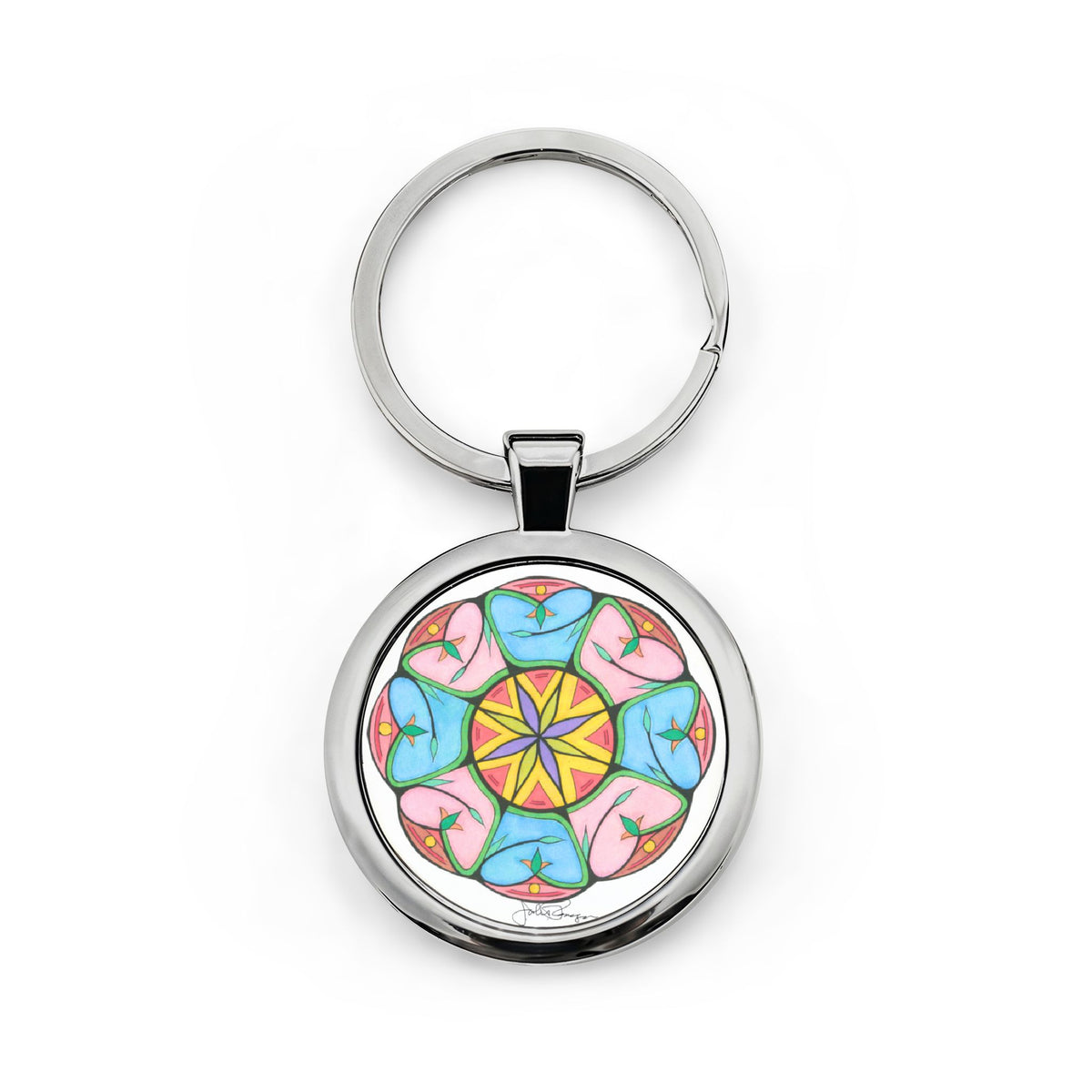 Keychain with a colorful mandala design on a white background
