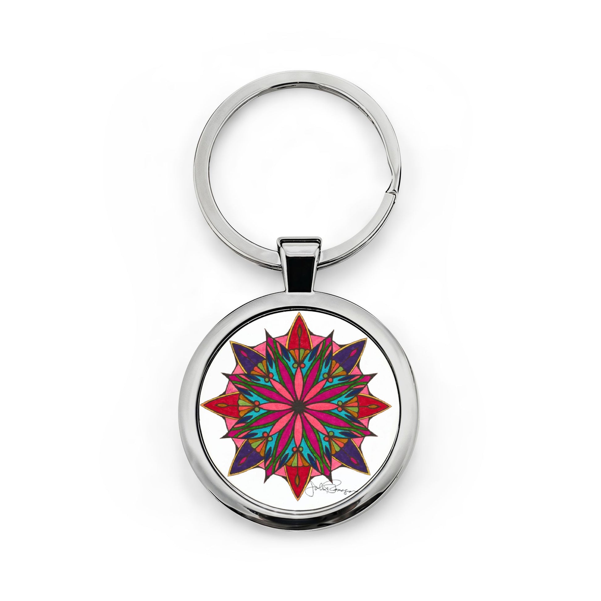 Keychain with a colorful mandala design on a white background