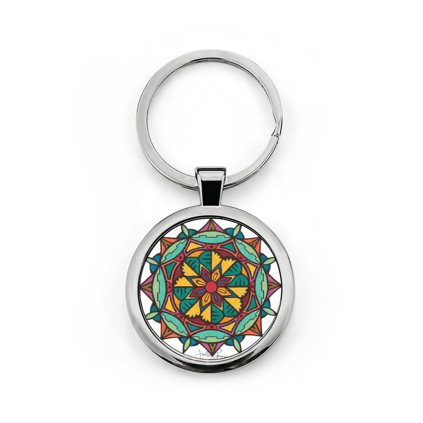 Keychain with a colorful mandala design on a white background