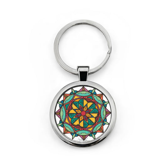 Keychain with a colorful mandala design on a white background