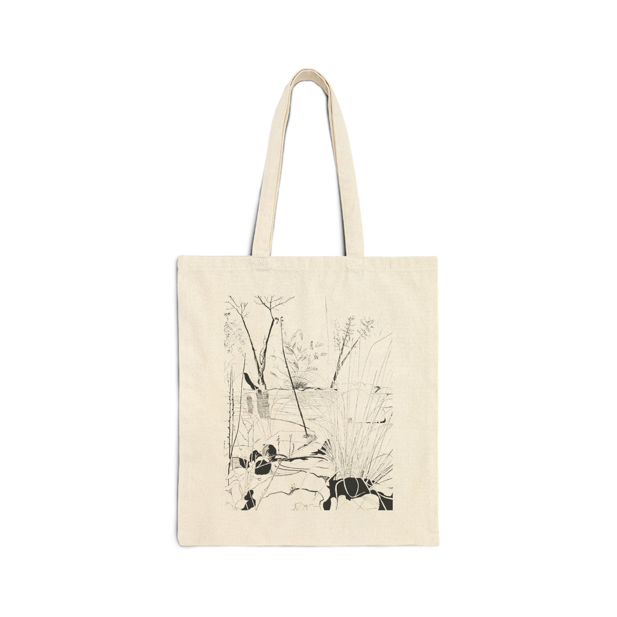 An off-white canvas tote bag with long handles, featuring a black ink-style illustration of Sabino Canyon in Tucson, AZ.