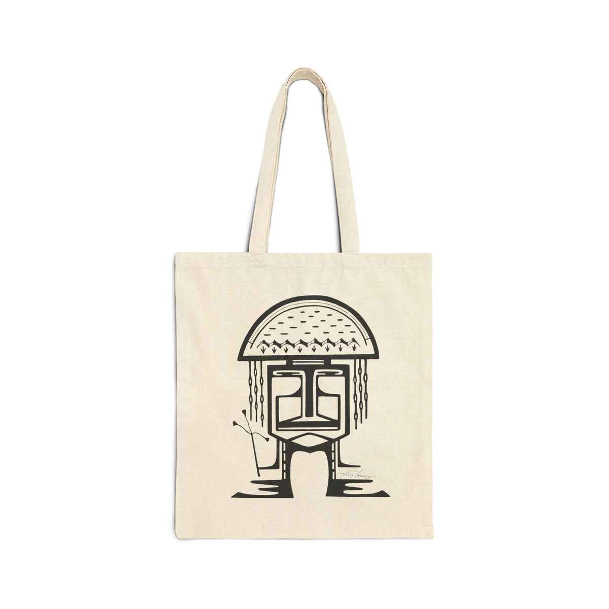 An off-white canvas tote bag with long handles, featuring a black line art graphic of a mushroom-shaped person in the center