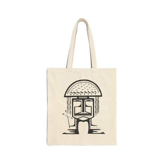 An off-white canvas tote bag with long handles, featuring a black line art graphic of a mushroom-shaped person in the center